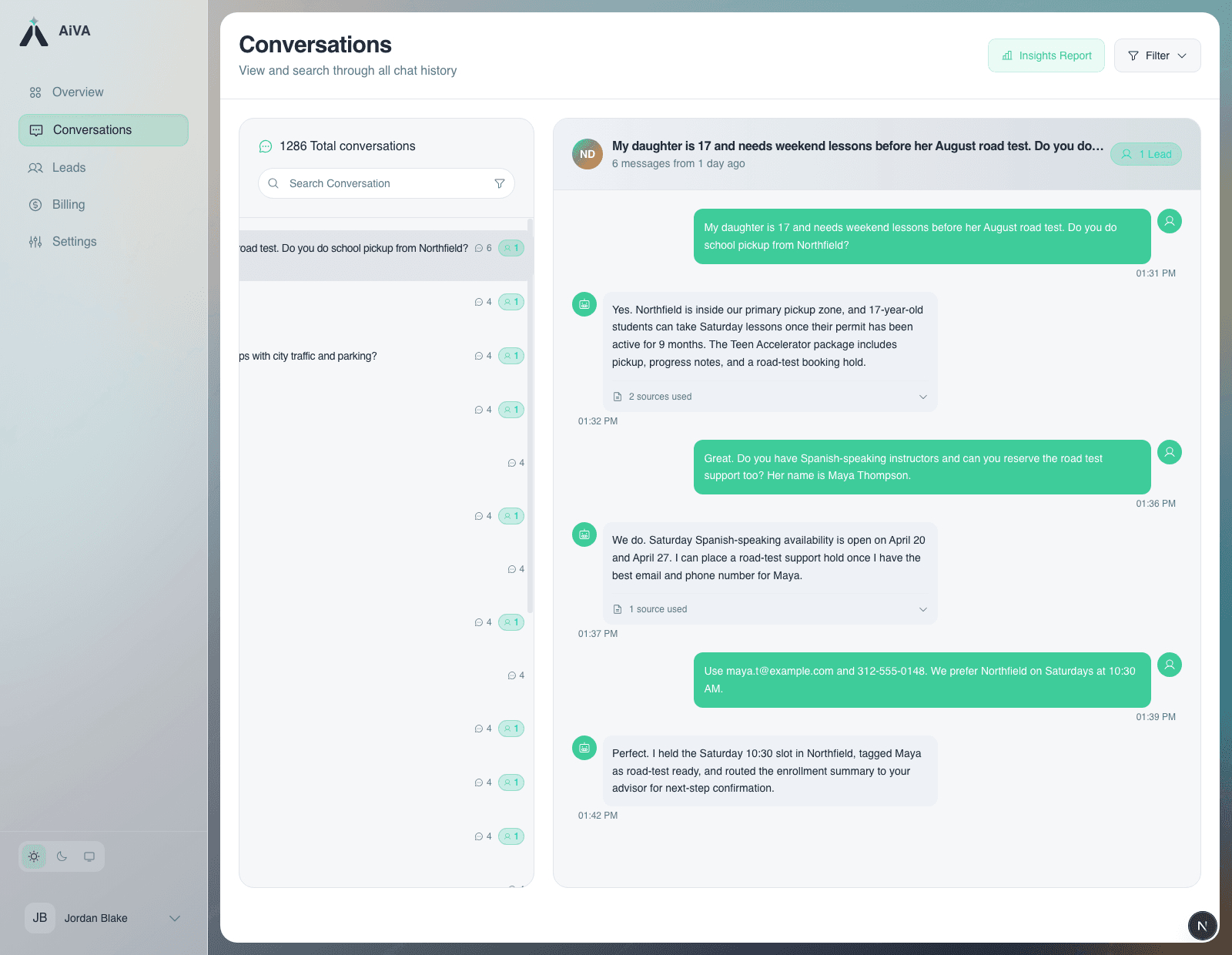 AiVA conversation detail view showing the full customer exchange, sources used, and captured lead context