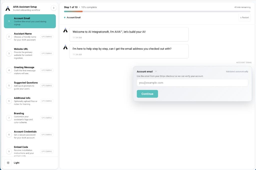 AiVA assistant setup wizard: conversational steps from verification through branding to embed code